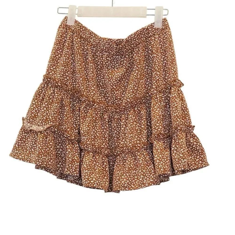 NWT Hyfve Elastic Waist Ruffle Tiered Pull-on Printed Mini Skirt Tan Medium